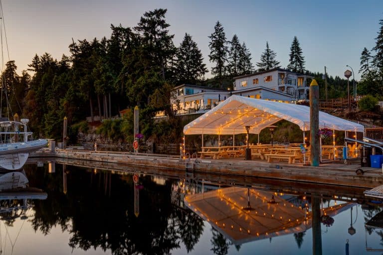 Elegant dock pavilion waterfront resort at dusk